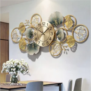 wall clock with leaf design gold metal 3d wall decor