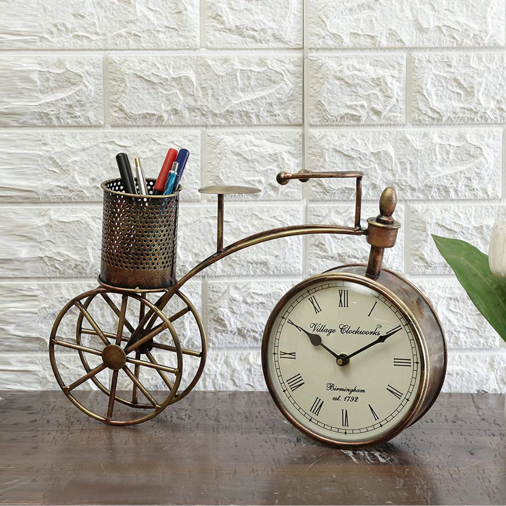 metal cycle table clock with pen stand vintage bicycle desk decor