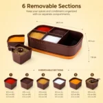 Modern spice storage organizer with removable compartments and detailed size dimensions.