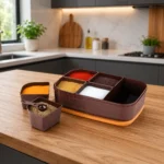 Elegant spice organizer with multiple compartments displayed on modern kitchen countertop.