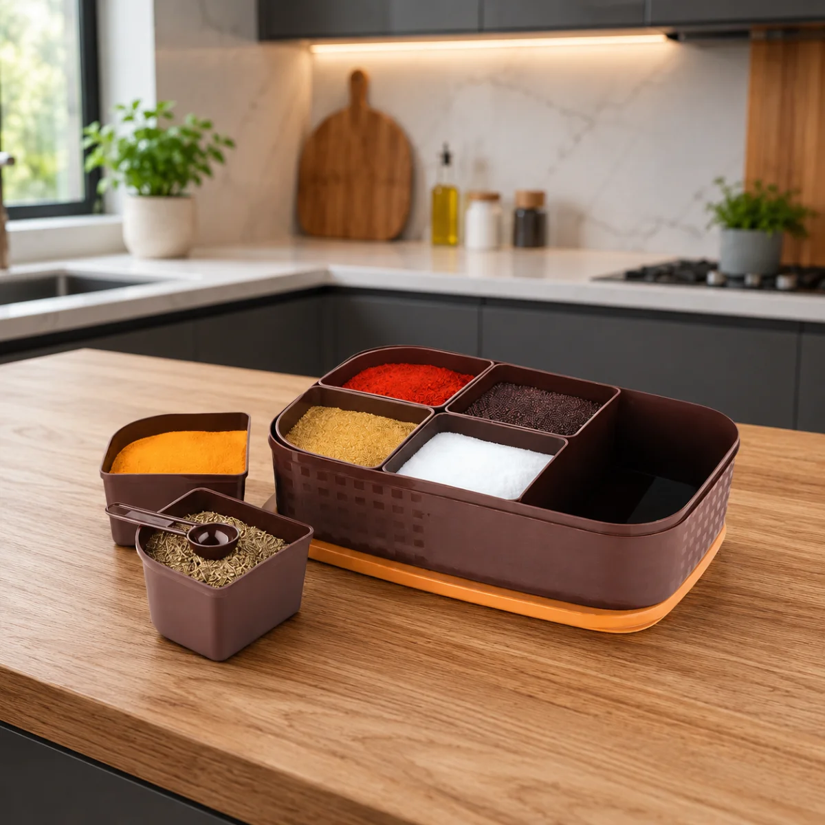 Elegant spice organizer with multiple compartments displayed on modern kitchen countertop.