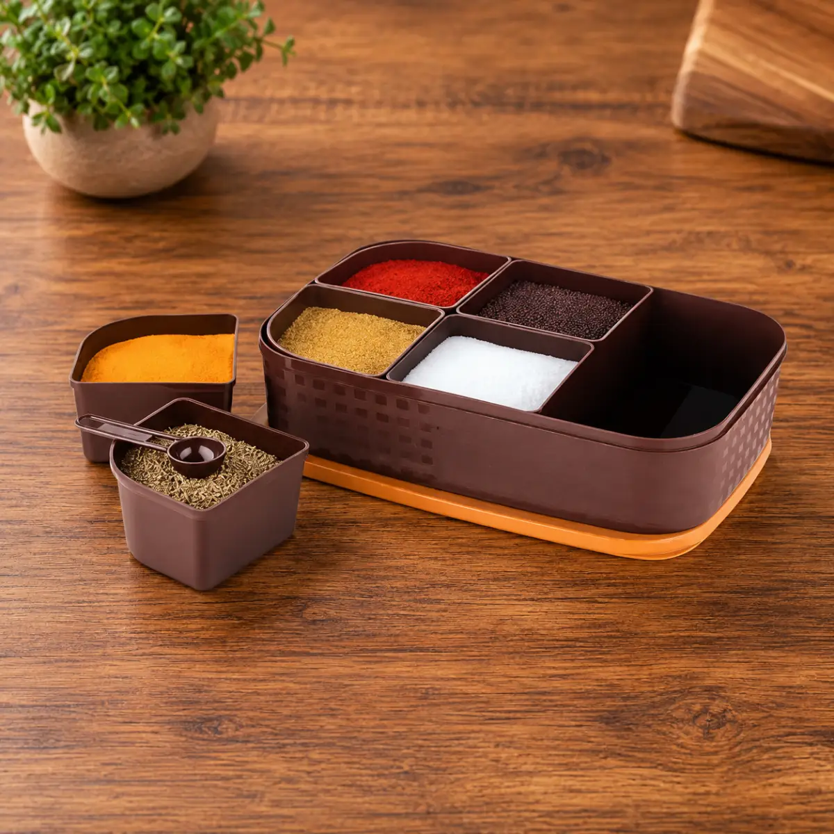 High-quality spice container set with measuring spoon and organized compartment storage.