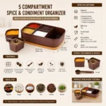 Durable food grade spice organizer with compartments, spoon and premium storage design.