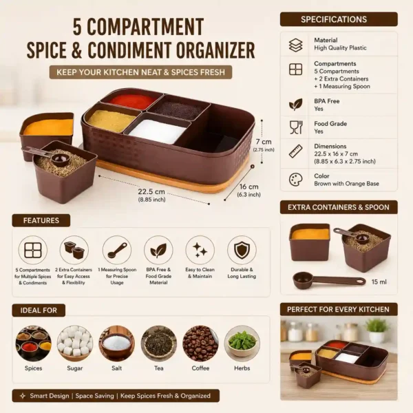 Durable food grade spice organizer with compartments, spoon and premium storage design.