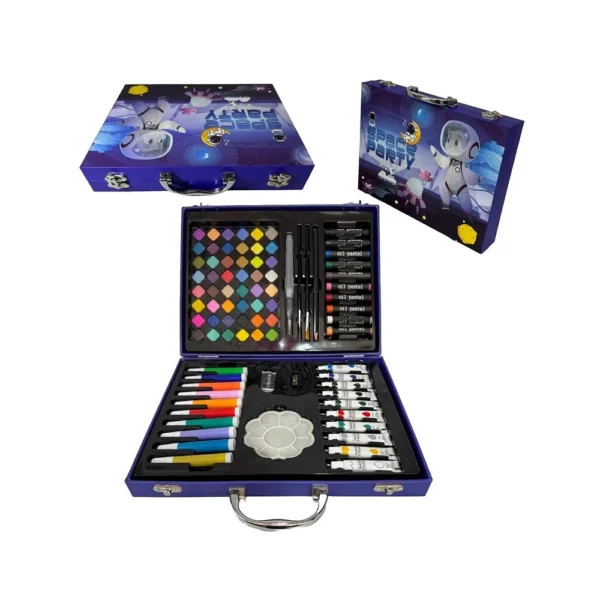 Deluxe kids art and craft set with paints, markers, crayons, and brushes.