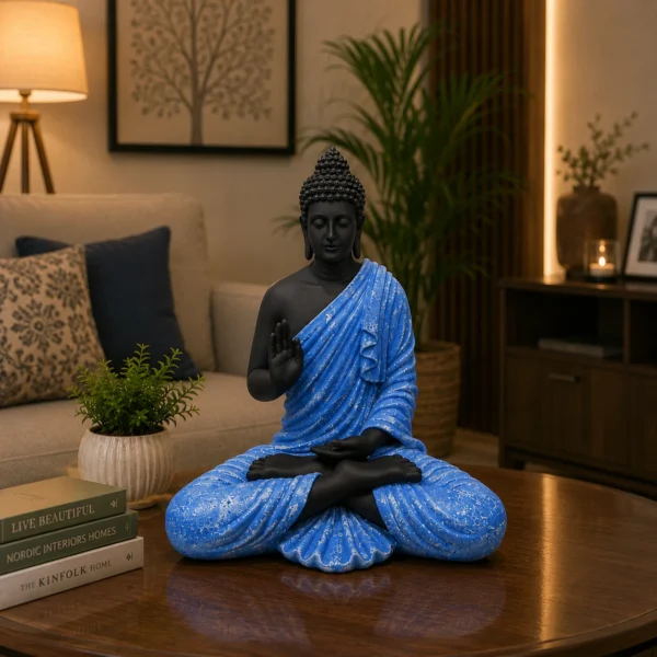 Alt Text: Blue and black Lord Gautam Buddha deep meditation idol placed on living room table for spiritual home décor