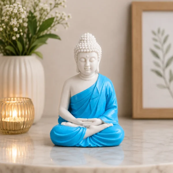 Small blue Buddha statue placed in elegant home décor setup with peaceful interior styling