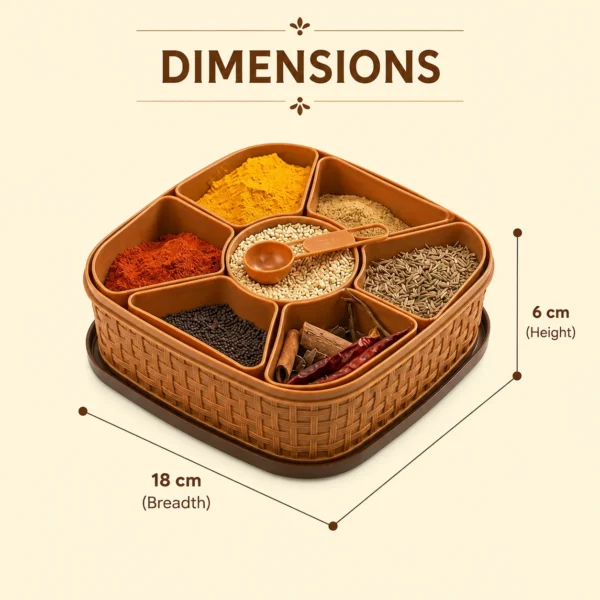 Dimensioned premium masala box displaying generous 18 cm breadth and optimal 6 cm height.
