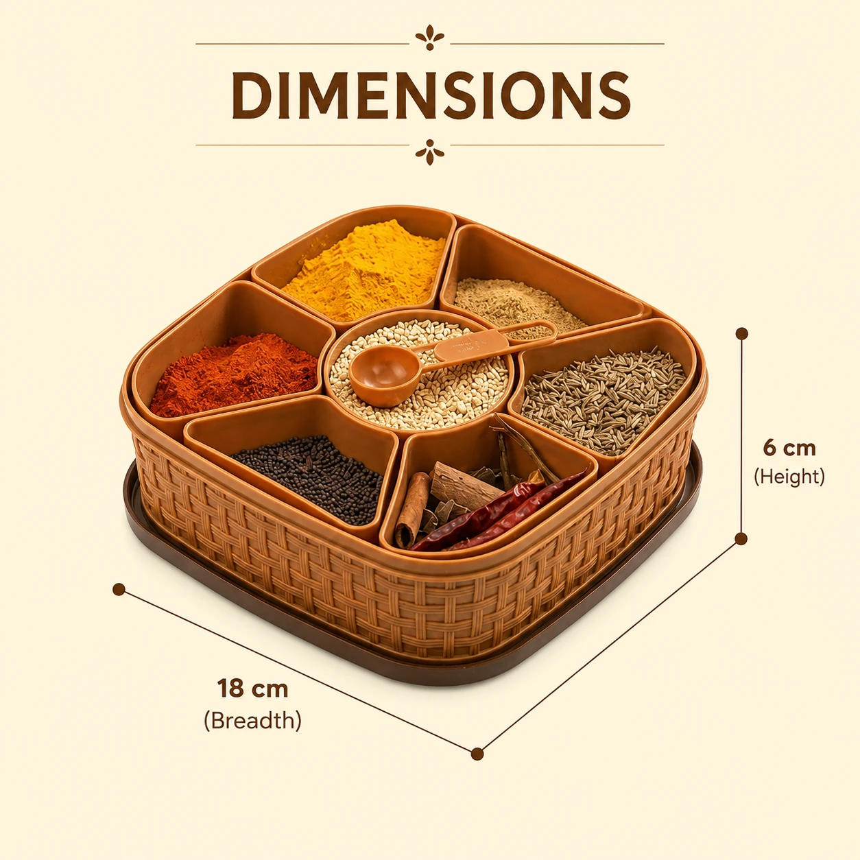 Dimensioned premium masala box displaying generous 18 cm breadth and optimal 6 cm height.