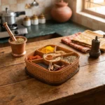 Best-quality basket-weave spice organizer showcasing essential ingredients within a charming rustic kitchen environment.
