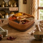 Exceptional artisan-style spice box complete with a useful spoon, presented in a traditional kitchen setting.