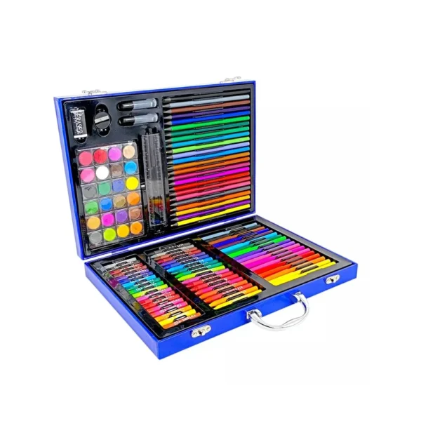 Creative portable drawing set with watercolor paints, pencils, crayons, and markers.