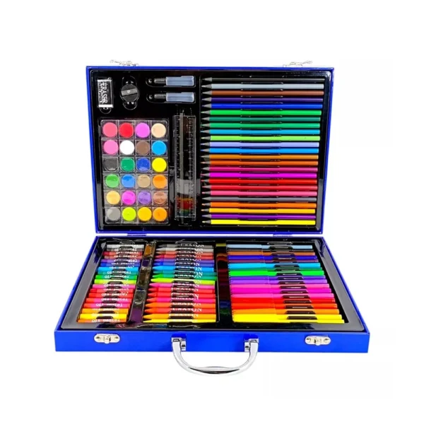 Professional-style 128-piece art set with organized compartments and colorful supplies.