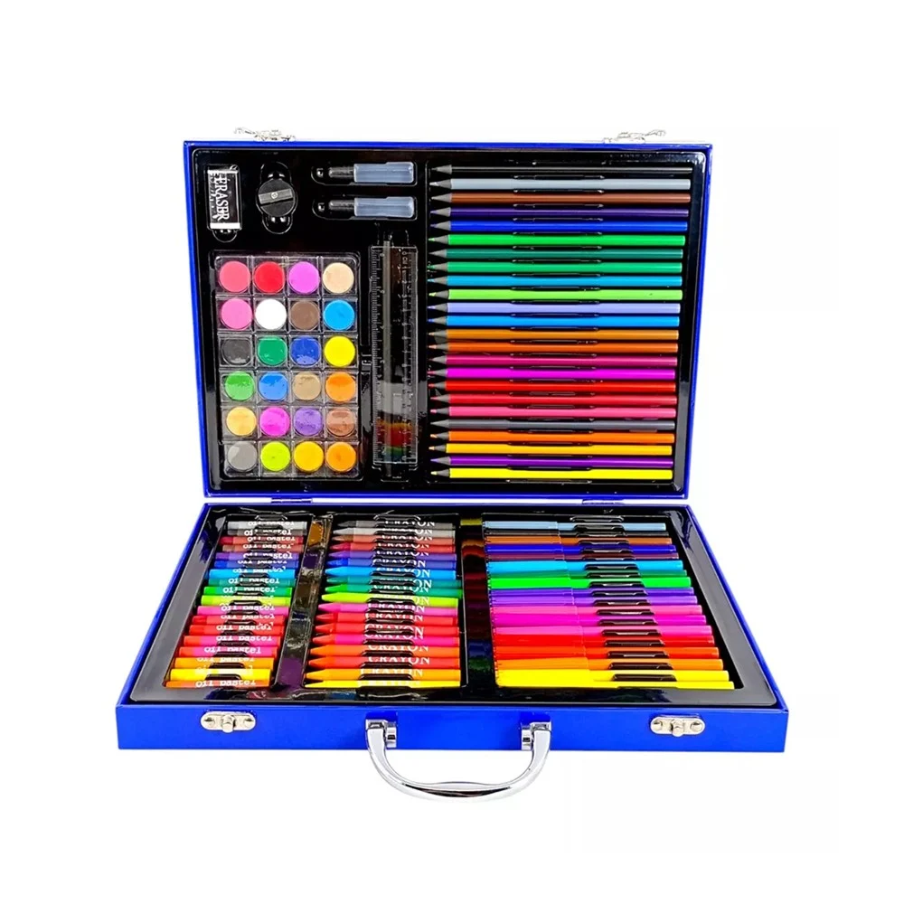 Professional-style 128-piece art set with organized compartments and colorful supplies.