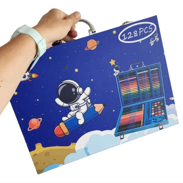 Premium 128-piece astronaut-themed art kit with portable carrying case for kids.