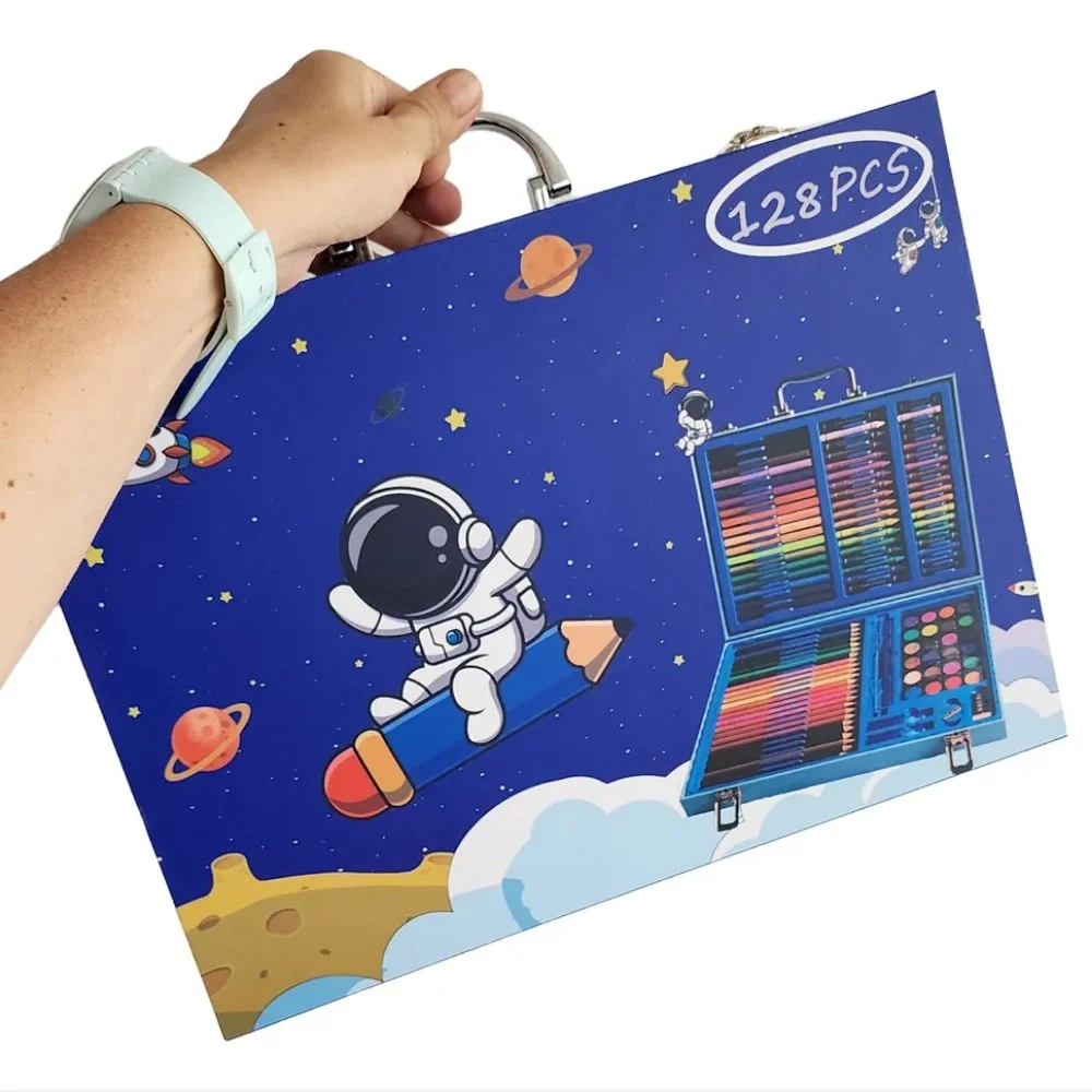 Premium 128-piece astronaut-themed art kit with portable carrying case for kids.