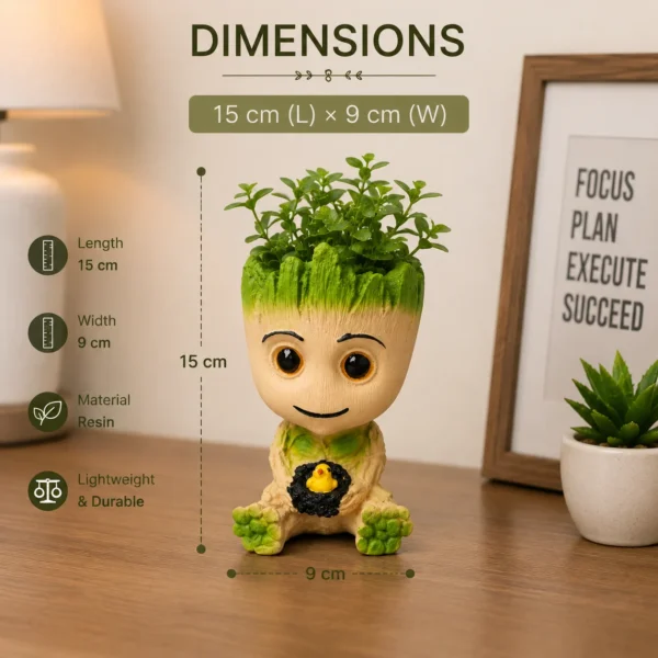 Baby Groot planter dimensions and specifications image showing 15 cm by 9 cm size