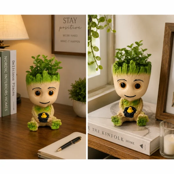 Baby Groot planter used as decorative desk accessory in study room setup