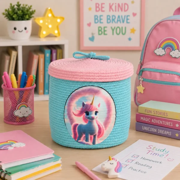 Base Braided Kids Basket with unicorn design in colorful kids study room and school setup