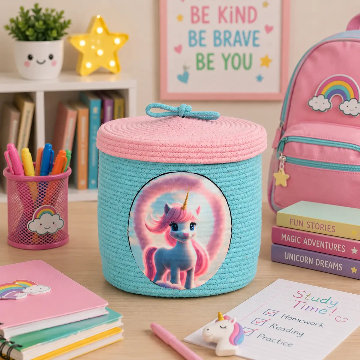 Base Braided Kids Basket with unicorn design in colorful kids study room and school setup
