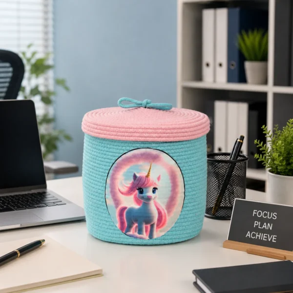 Base Braided Kids Basket handcrafted cotton storage basket placed on modern office desk setup