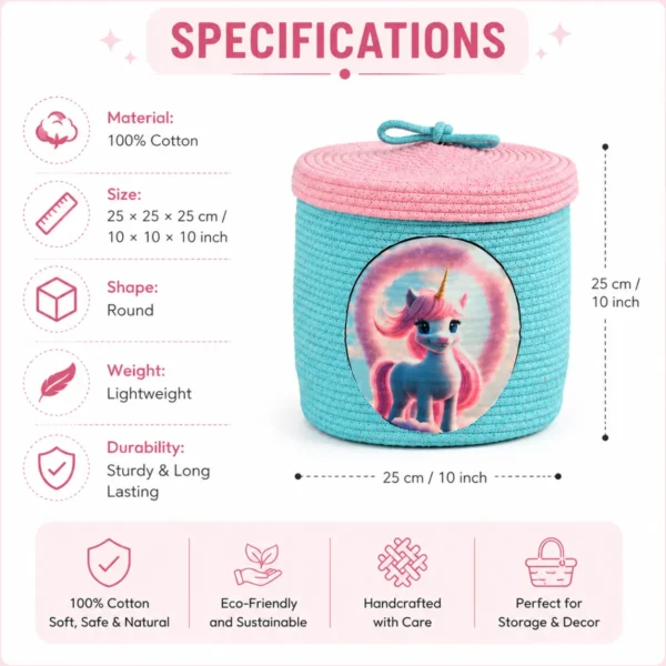 Base Braided Kids Basket specifications showing 100 percent cotton material and 25 x 25 x 25 cm size infographic