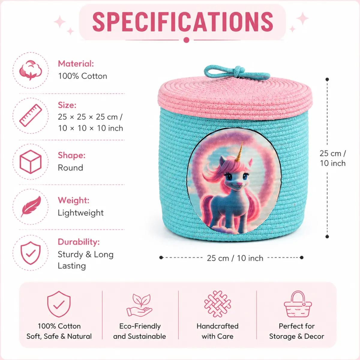 Base Braided Kids Basket specifications showing 100 percent cotton material and 25 x 25 x 25 cm size infographic
