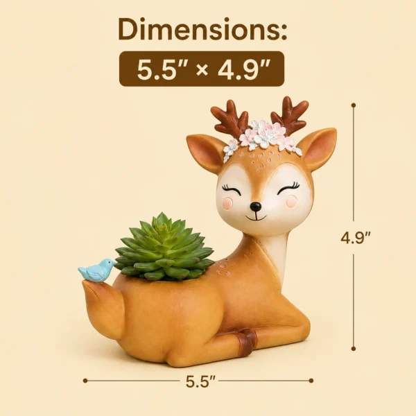 Bird deer resin planter dimensions showing 5.5 inch by 4.9 inch size