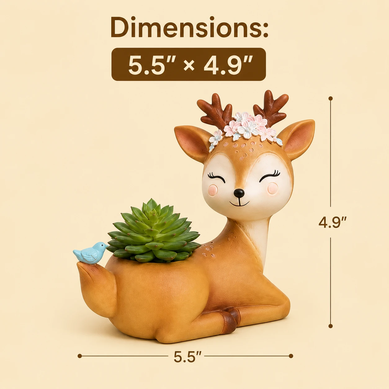 Bird deer resin planter dimensions showing 5.5 inch by 4.9 inch size