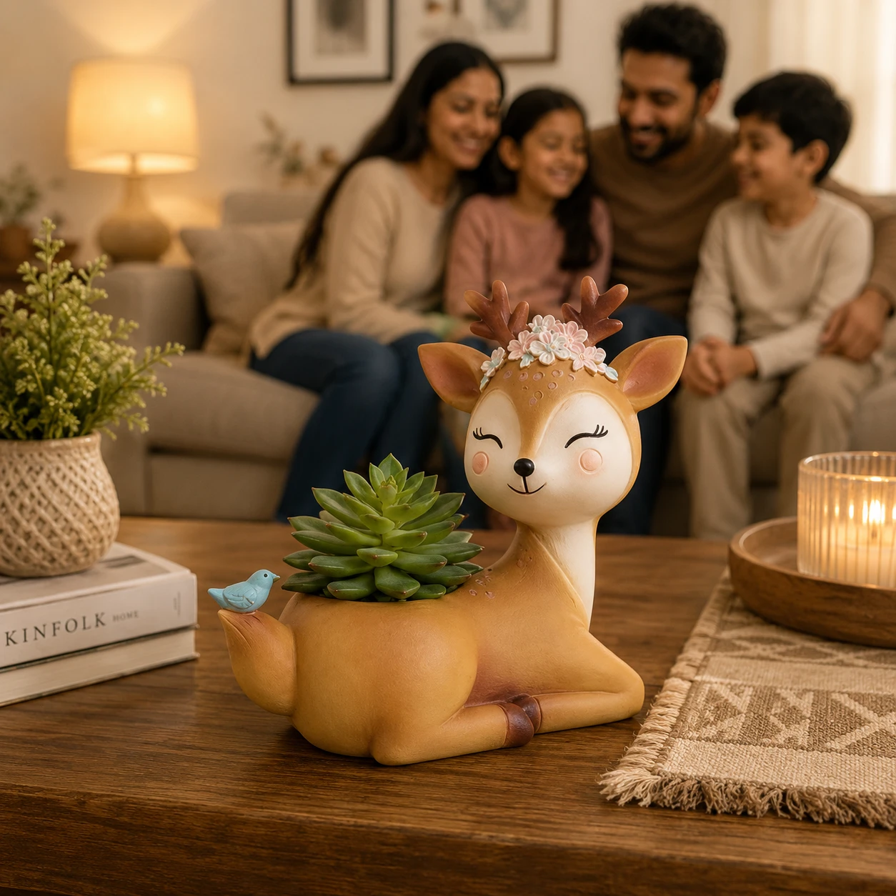 Bird deer resin planter with succulent placed on living room center table for home decor.