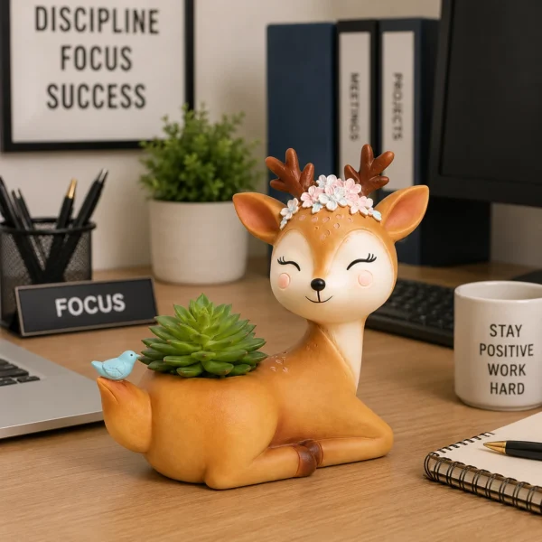 Bird deer resin planter with succulent placed on modern office desk setup