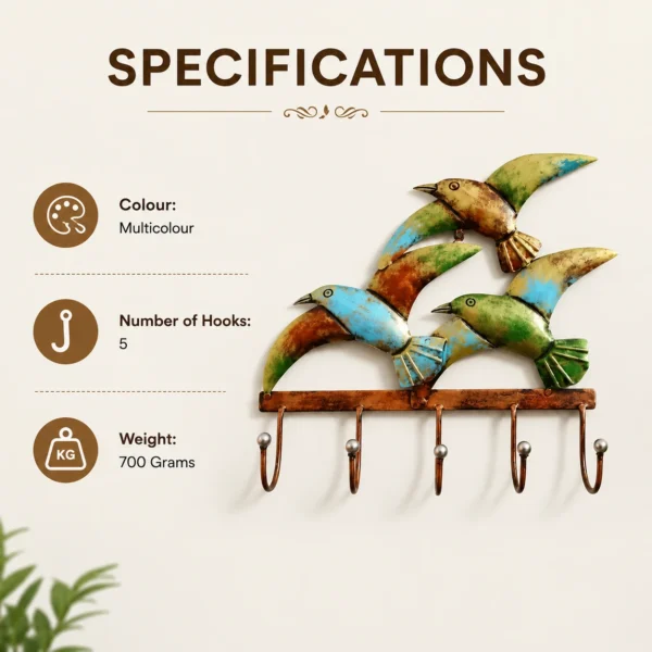 Bird design key hanger specifications showing multicolour finish 5 hooks and 700 grams weight