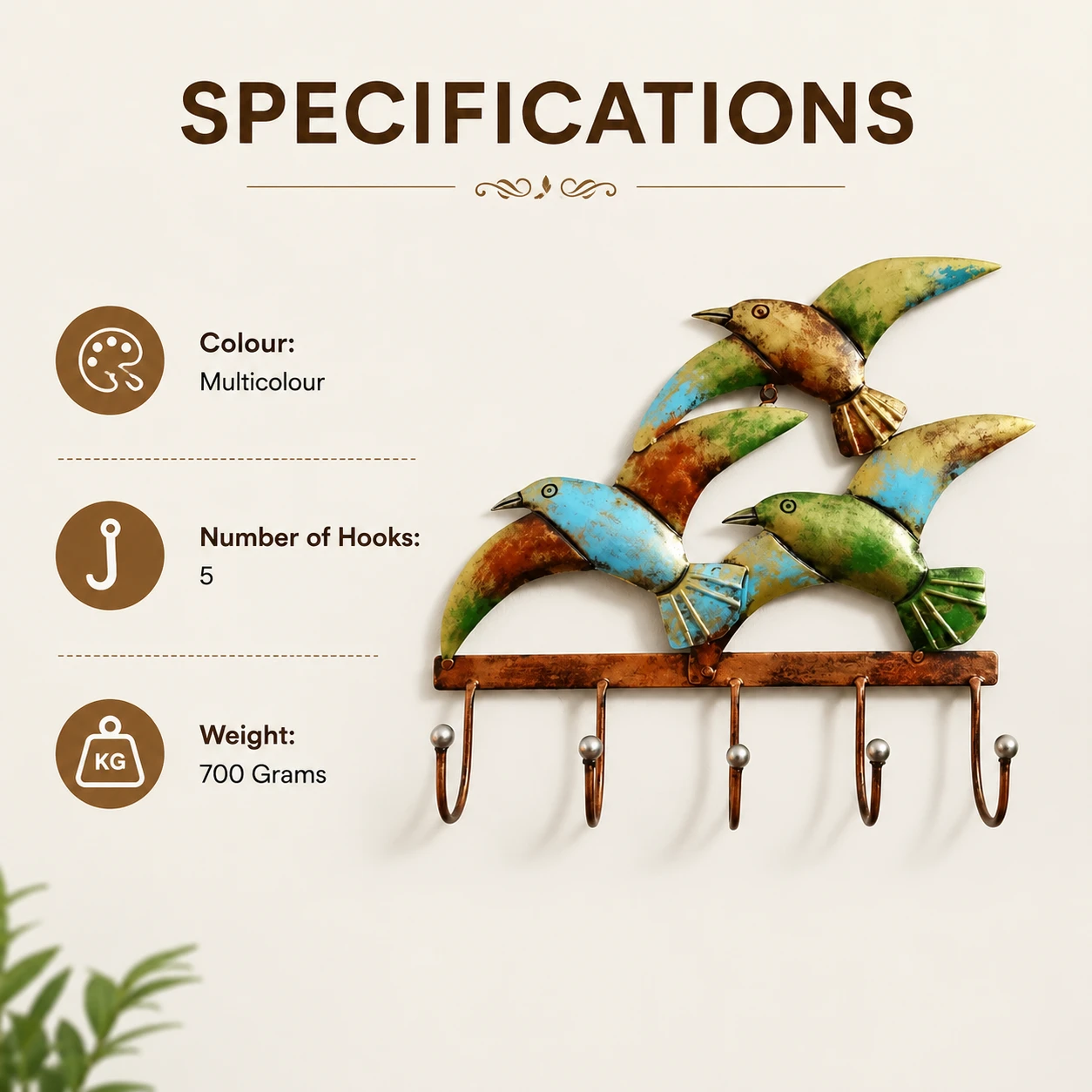 Bird design key hanger specifications showing multicolour finish 5 hooks and 700 grams weight