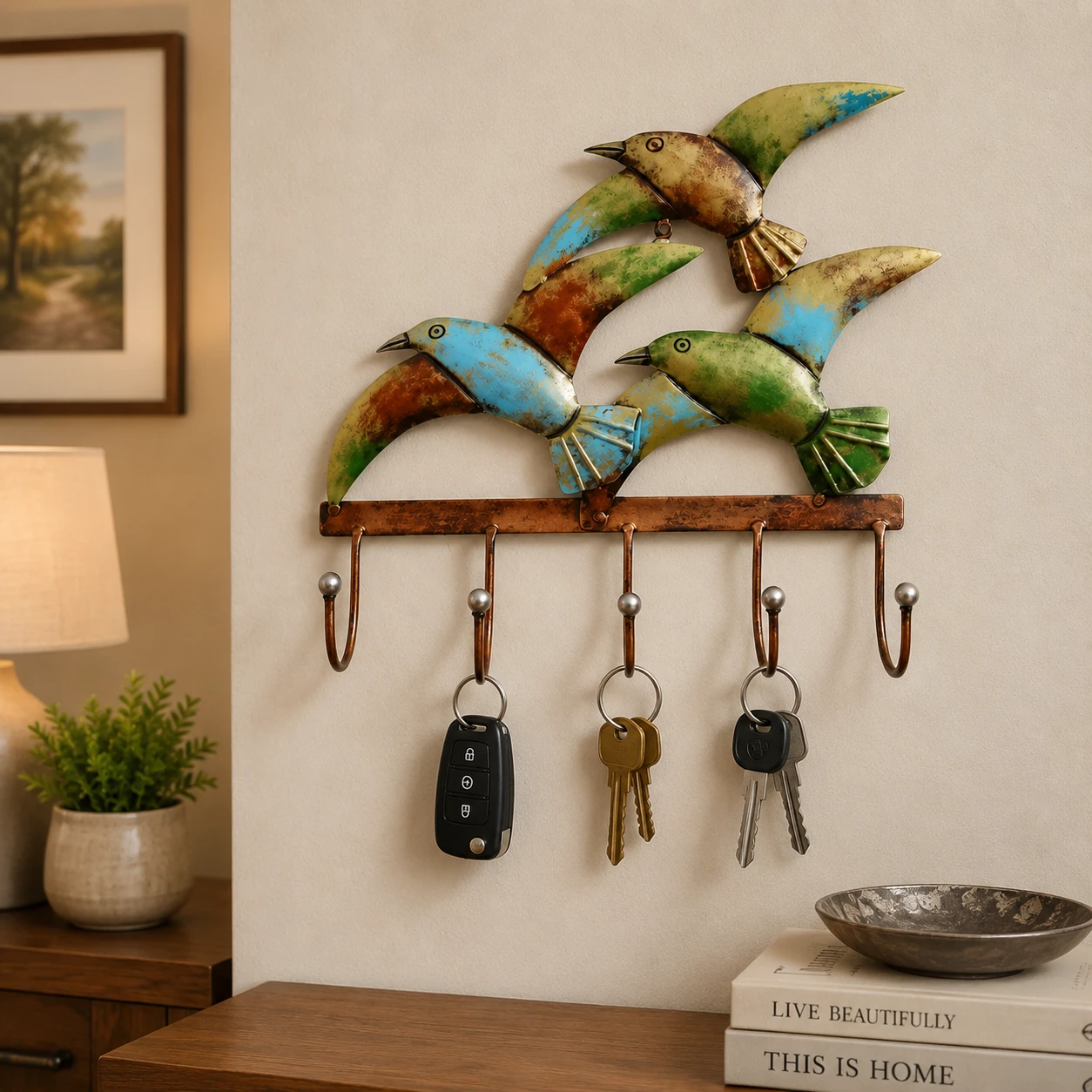 Decorative bird design wall key holder with hanging car and house keys in hallway setup