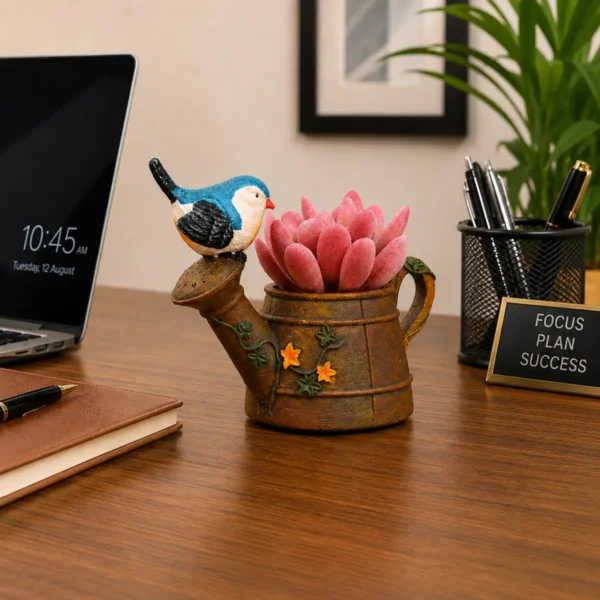 Bird kettle resin planter placed on modern office desk with decorative workspace setup