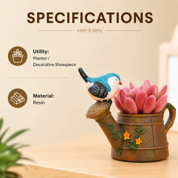 Bird kettle resin planter specifications showing utility as planter decorative showpiece and resin material