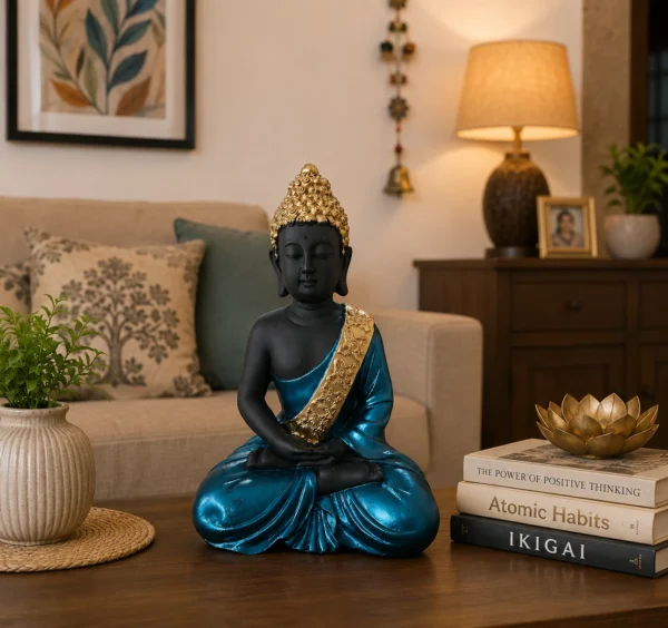 Black and blue Samadhi Buddha resin statue placed on living room table for peaceful home decor