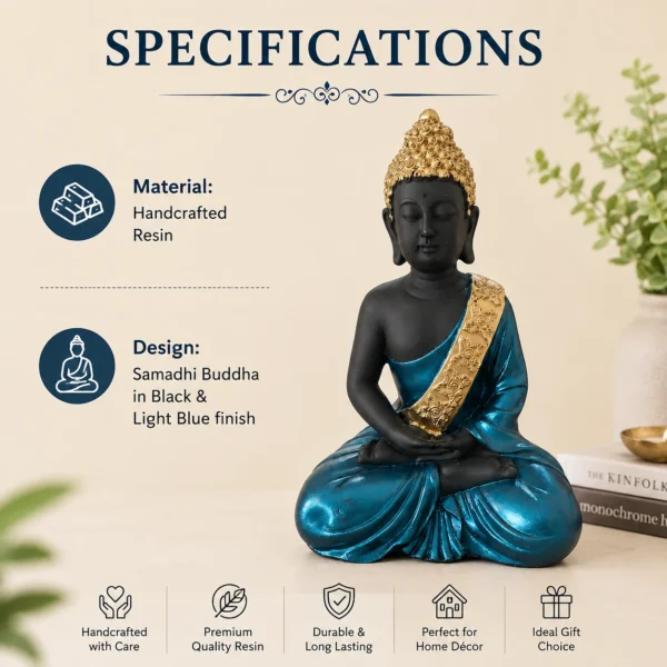 Black and blue Samadhi Buddha décor statue specifications showing handcrafted resin material and elegant finish