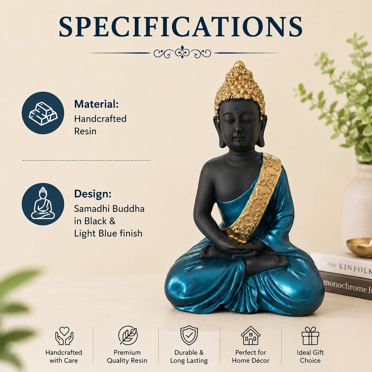 Black and blue Samadhi Buddha décor statue specifications showing handcrafted resin material and elegant finish