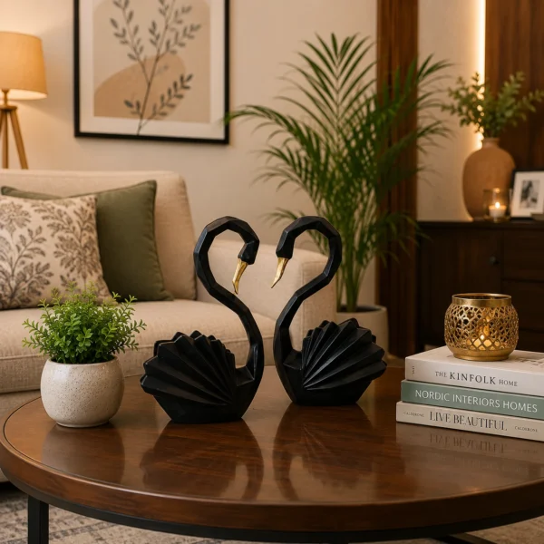 Black swan pair resin decorative showpiece placed on modern hall center table for elegant home decor