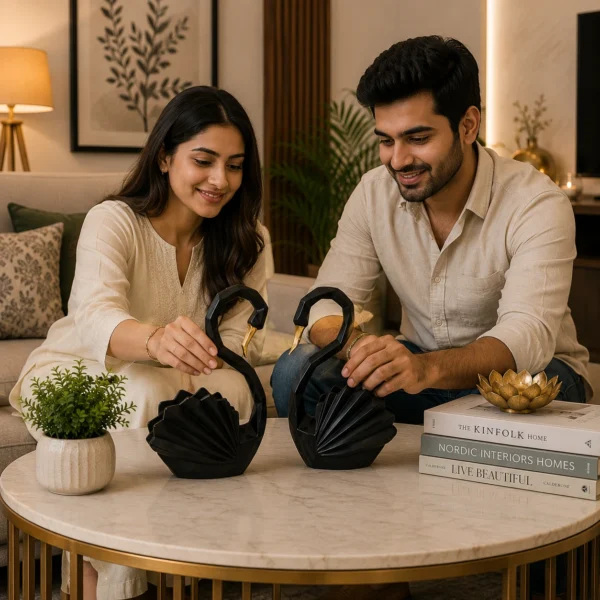 Black swan pair decorative resin showpiece on living room table with couple admiring decor