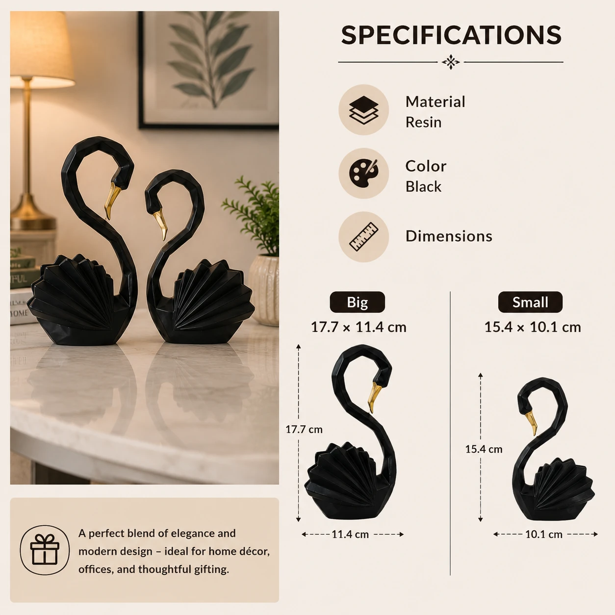 Black swan pair decorative showpiece specifications showing resin material black color and dimensions