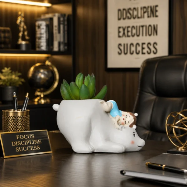 Decorative resin blue bear planter placed on stylish office desk with succulent plant