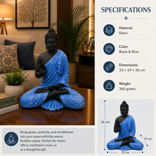 Blue and black Lord Gautam Buddha meditation idol specifications showing dimensions weight and poly resin material