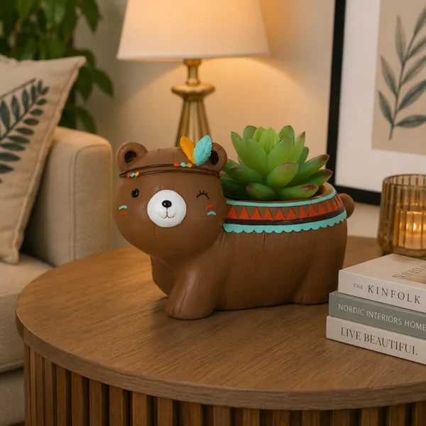 Brown bear resin planter with succulent placed on living room table for cute home décor