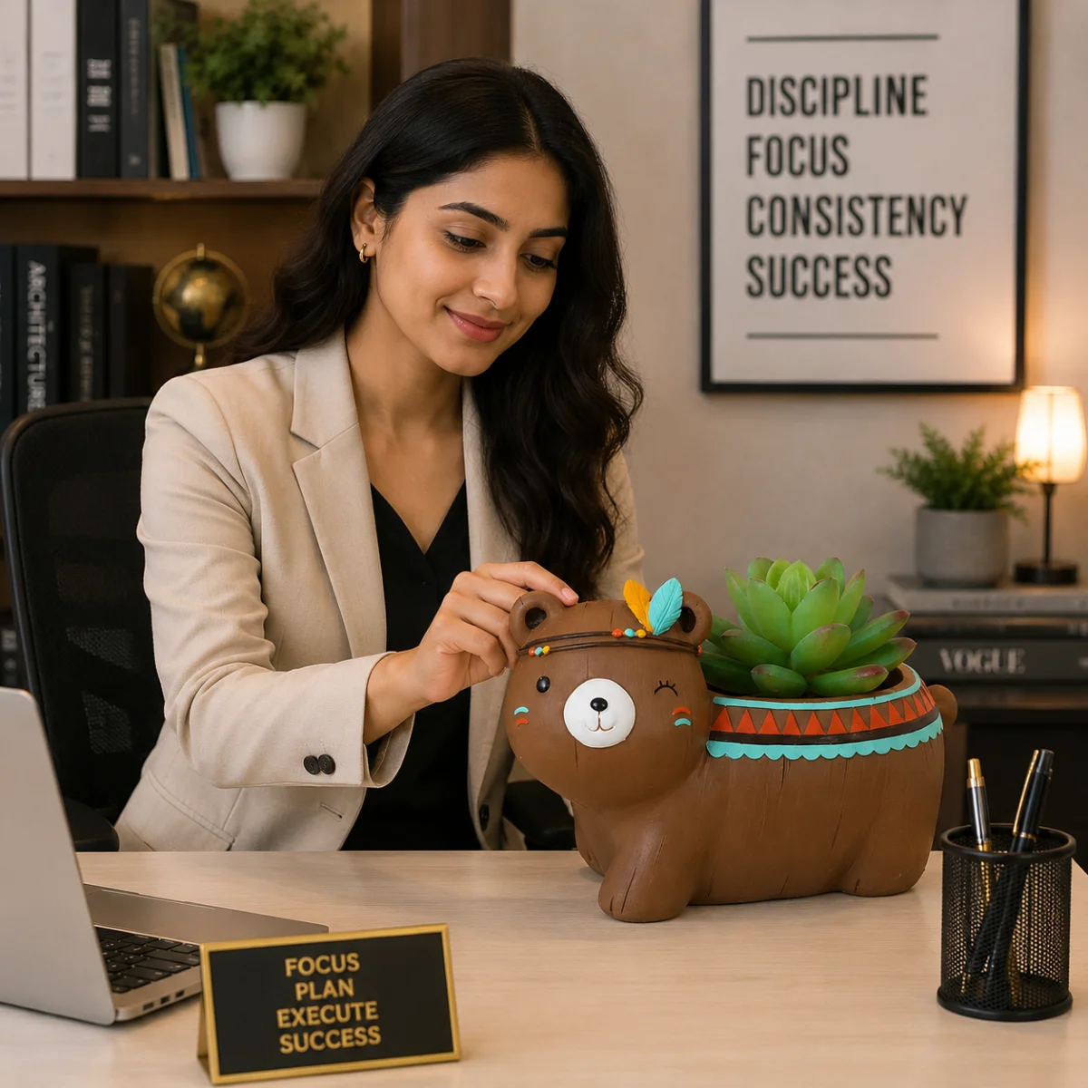 Cute brown bear planter decor on office desk with succulent plant and workspace setup