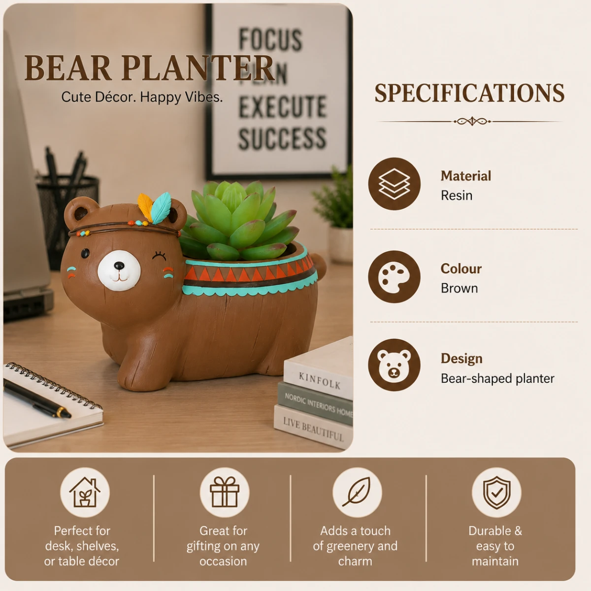 Brown bear planter decor specifications showing resin material brown color and bear shaped design