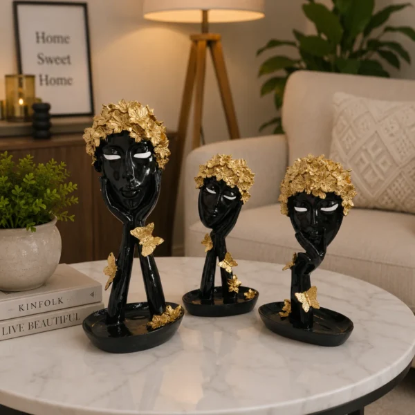 Butterfly lady face statue combo set of 3 placed on living room center table for elegant home décor