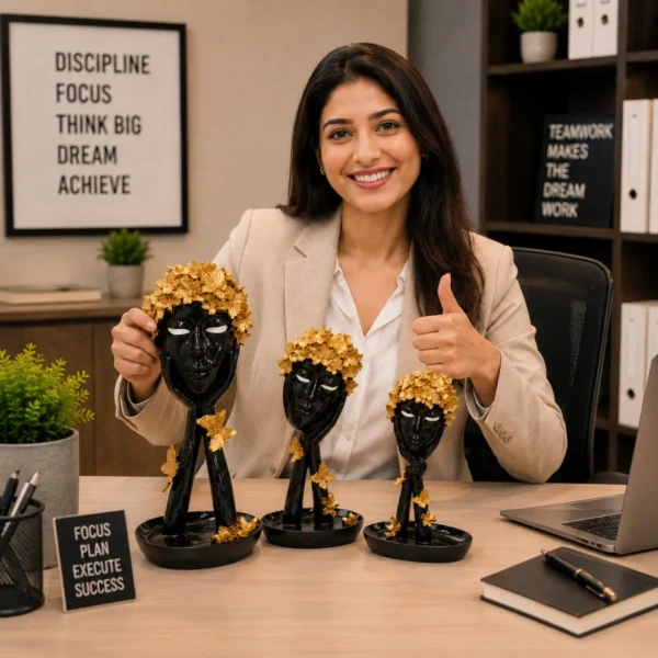 Butterfly lady face resin figurine combo set displayed on office desk with woman giving thumbs up