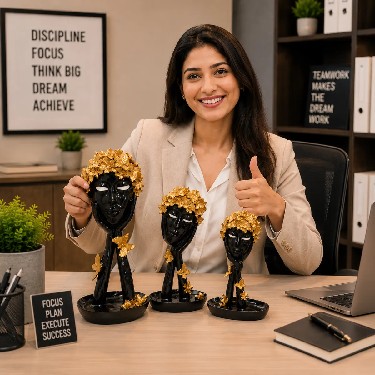 Butterfly lady face resin figurine combo set displayed on office desk with woman giving thumbs up
